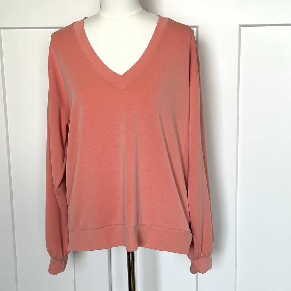 Athleta Willow V-Neck Sweatshirt ~ Women's LARGE ~ Peach Sunset Glow Butter Soft